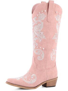 〽️Women's Knee-Calf Faux Fur Boot Pearl Pink Faux Leathe Furry Heelr Round Toe